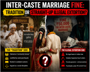 Editorial graphic showing inter-caste marriage fine debate with caste panchayat on one side and illegal money extortion on the other