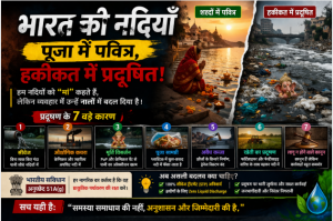 Banner showing polluted river in India with a contrast between religious worship on one side and garbage-filled dirty water on the other