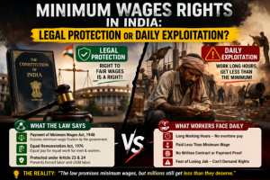 Banner showing contrast between legal minimum wage rights in India and exploited worker earning low wages with long working hours
